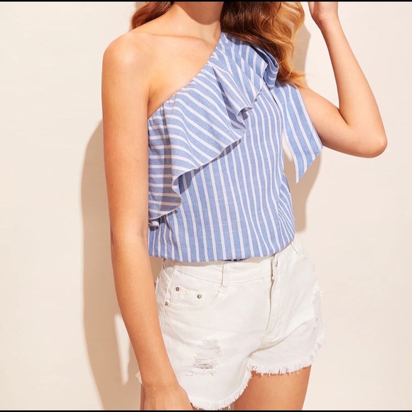 Striped One Shoulder Ruffle Blouse with Bow - Picture 4 of 8